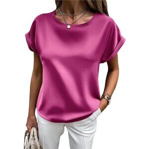 Women's Short Sleeve Pullover Blouses Satin Rose Pink
